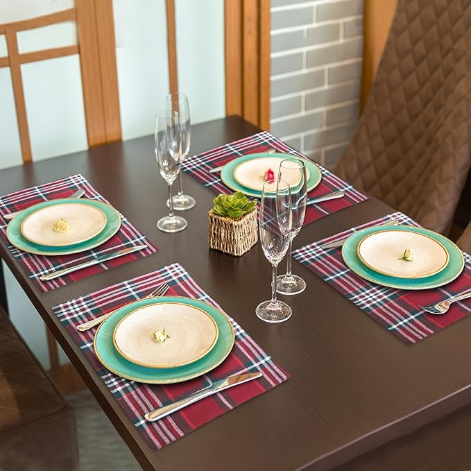 Urban VillaPlacemats Christmas Plaid 100% Cotton Fused Tablemats for Dining 14''x20'' Over Sized Set of 6 Placemats for Christmas Celebrations Wedding Parties Every Day Use Heavier QualityPlacemats
