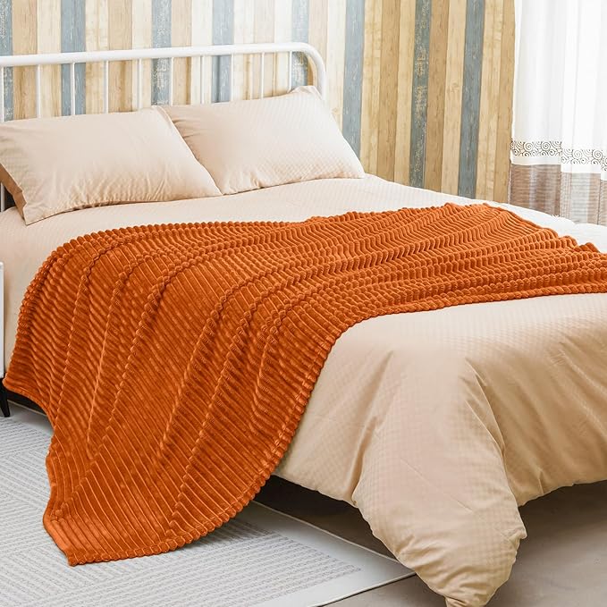 Bnuitland Burnt Orange Flannel Throw Blanket, 300GSM Super Soft Fleece Stripe Pattern Sofa Blanket for Babys and Kids, Lightweight Cozy Bed Throw for Home Decor All Season