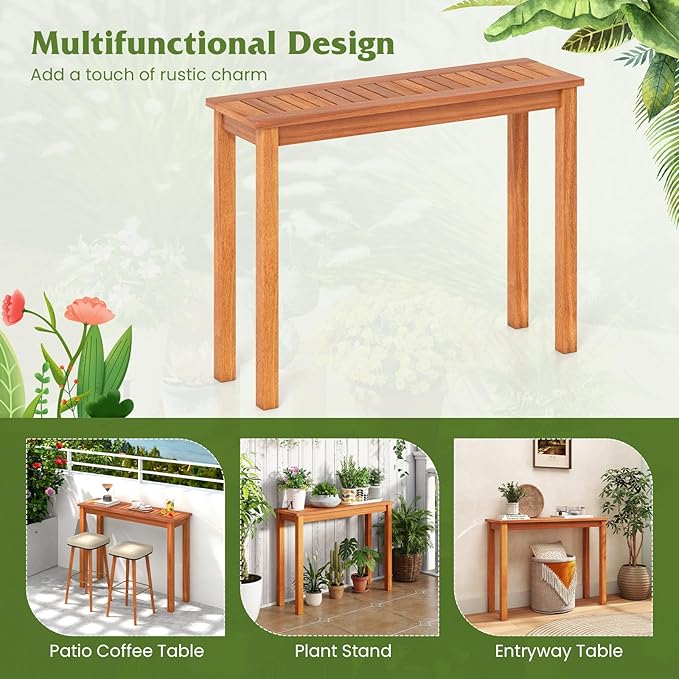 Tangkula Wooden Plant Stand, Outdoor Indoor Solid Wood Flower Pot Holder Display Shelf with Teak Oil Finish, Slatted Top, Rustic Plant Rack for Patio Garden Entryway Porch