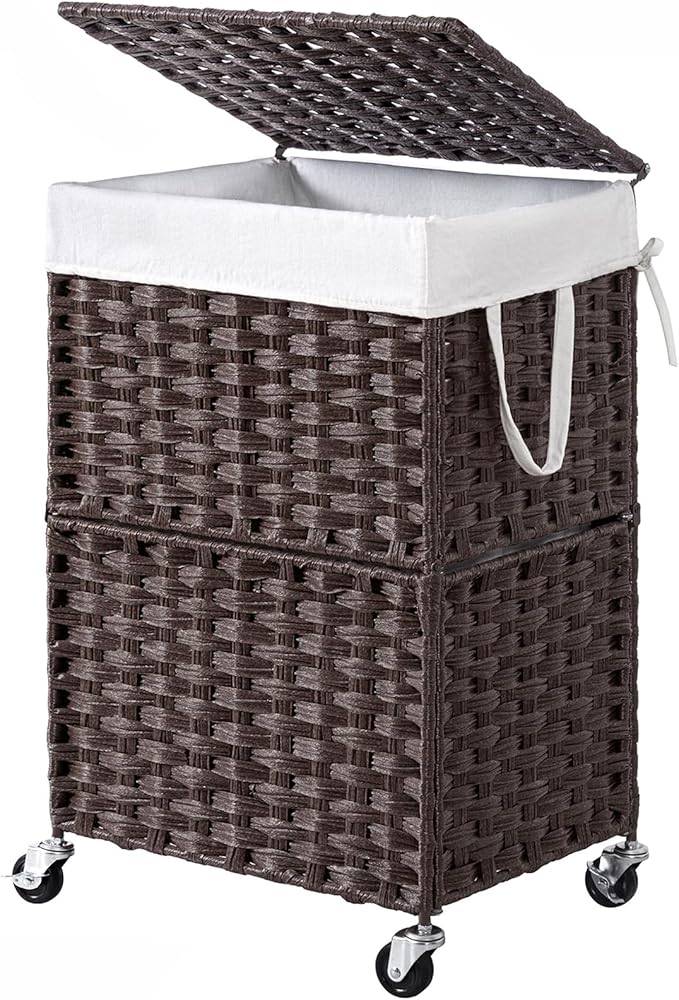 Chrislley 90L Slim Laundry Hamper with Wheels,Rolling Laundry Basket with Lid and Renovable Liner Bag,Handwoven Rattan Organizer for bedroom, bathroom, laundry room (Brown)
