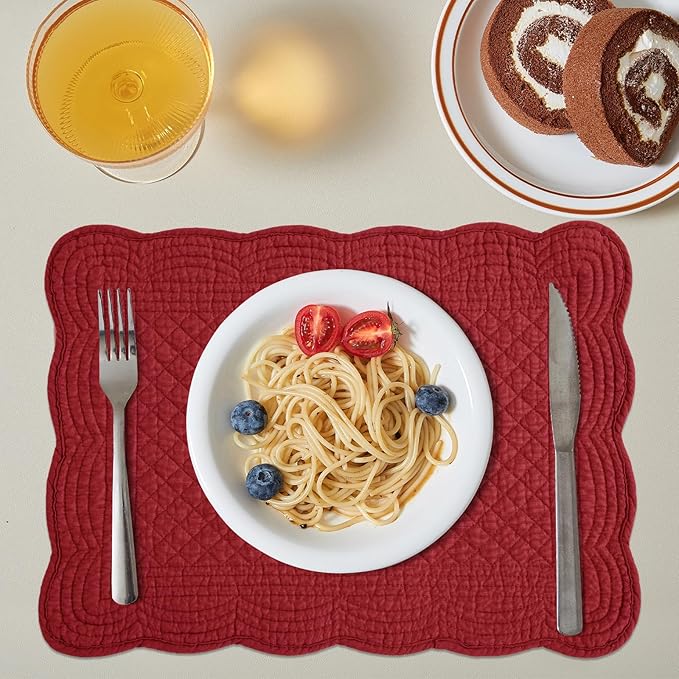 HOMBYS Quilted Placemats Set of 6 Washable-13x18 inches Rectangular Placemats for Kitchen Table-100% Cotton fabric cover and 100% polyester fiber filling Rectangular Table Mats-Cotton (18"x13", Red)