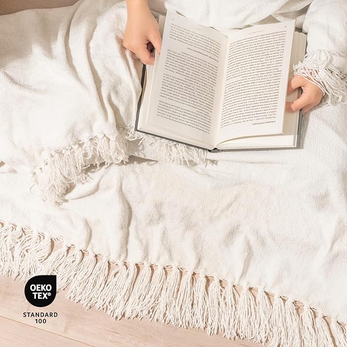 EVERGRACE Soft Chenille Throw Blanket for Couch, Cozy Plush Fuzzy Decorative Chenille Knit Throw Blanket with Tassels, Lightweight Blanket and Throws for Bed Sofa Gift Home Decor, Ivory White 50"x60"
