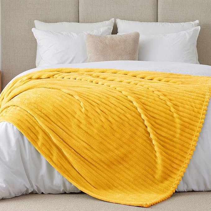 BEDELITE Blankets Queen Size for Bed, 300GSM Soft & Warm Fleece Blanket, Decorative and Giftable Striped Light Yellow Blankets for Women, Men, 90"x90"