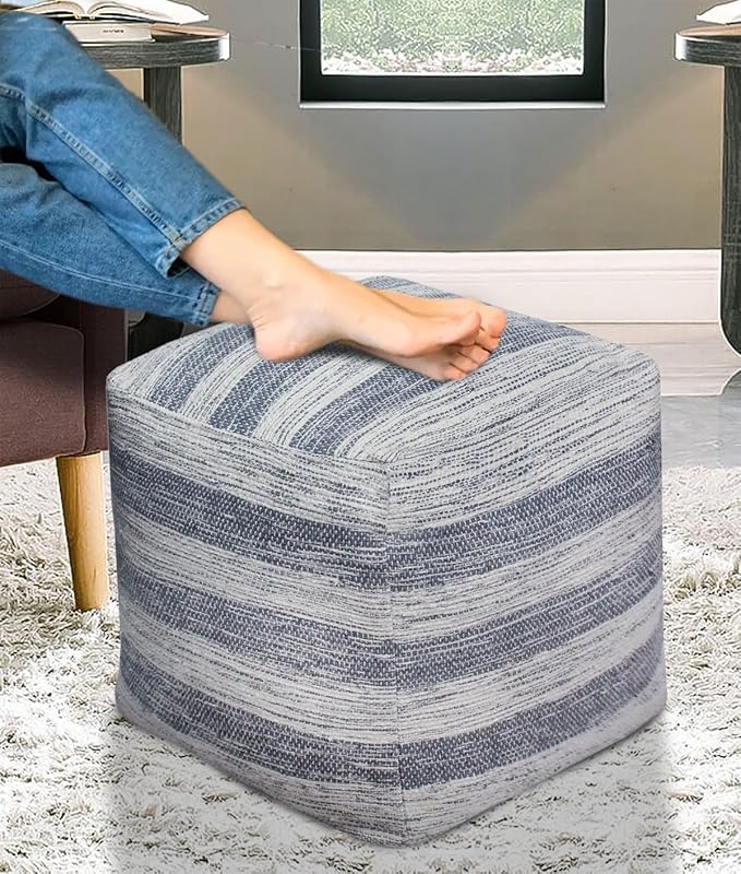 COTTON CRAFT Handwoven Stripe Dhurrie Pouf - Ottoman Foot Stool Bean Bag - Dorm Bedroom Home Décor Accent Seating - Boho Modern Comfortable Prefilled Cotton Pouf Footrest - 16 inch Square - Blue
