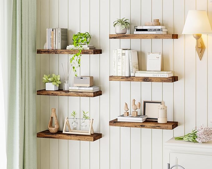 Fixwal 15.8in Floating Shelves, Set of 6 Wood Shelves, Farmhouse Shelf Wall Decor for Bathroom, Bedroom, Living and Kitchen Room (Rustic Brown)
