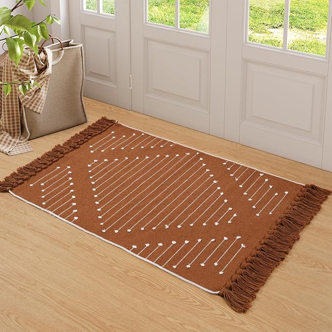 LIVEBOX Boho Bathroom Rug 2' x 3' Washable Burnt Orange Small Moroccan Throw Rug for Bath,Cotton Woven Area Rug Carpet with Tassel for Entryway Kitchen Sink Front Door Fall Bathroom Decor
