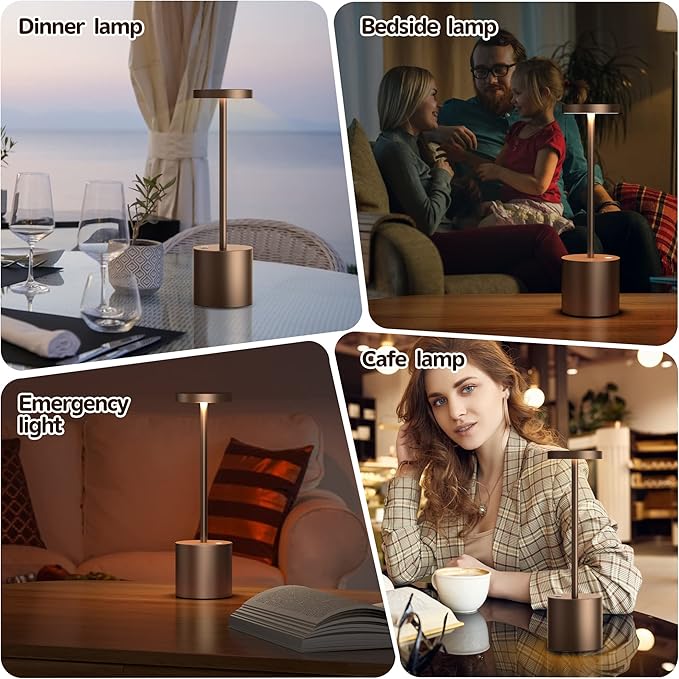 2Pack Cordless Table Lamp, Rechargeable LED Battery 5000mAh Metal USB Portable Powered Desk Lamp, 3 Levels Brightness Light for Restaurants Outdoor (2 Pack 10.25in Coffee)
