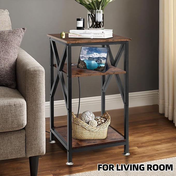 TooCust 3 Tier End Table with Charging Station, 16" W x 12" D x 28" H, Metal and Brown Bedside Table with USB Ports and Outlets, X-Shaped Side Table with Wheels for Living Room, Bedroom, Kitchen