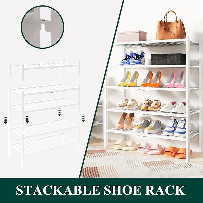 Smiry Shoe Rack, 6 Tier Thick Bamboo Shoe Organizer, Stackable Free Standing Wooden Shoe Storage Shelf for Closet, Entryway, Front Door Entrance, White
