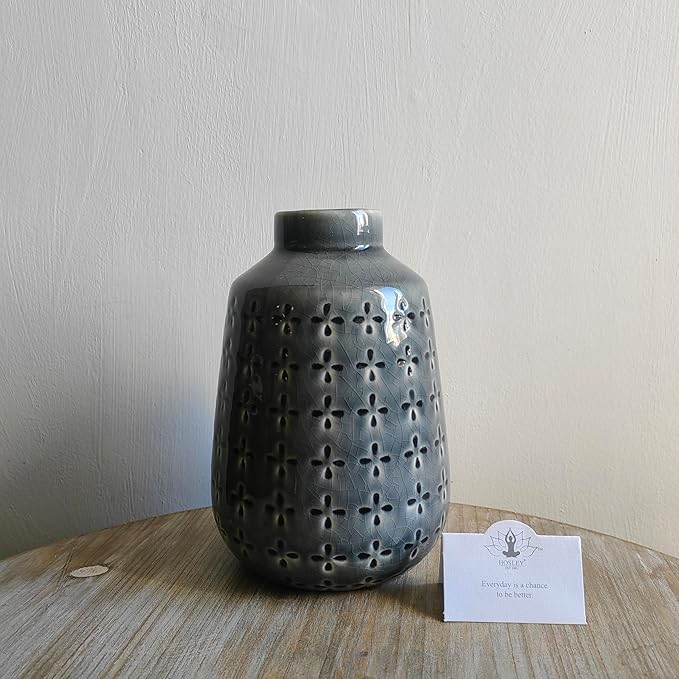 Hosley Set of 2 Grey Ceramic Vase 7.25" High. Ideal Gift for Floral Arrangements Home Weddings Party Spa Meditation Home Office