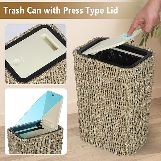 Boho Trash Can with Lid,3 Gallon Small Rattan Trash Can with Press Top Lid,Slim Wicker Waste Basket and Hamper 2 in 1 for Bathroom,Seagrass Woven Garbage Can Trash Basket for Bathroom,Kitchen
