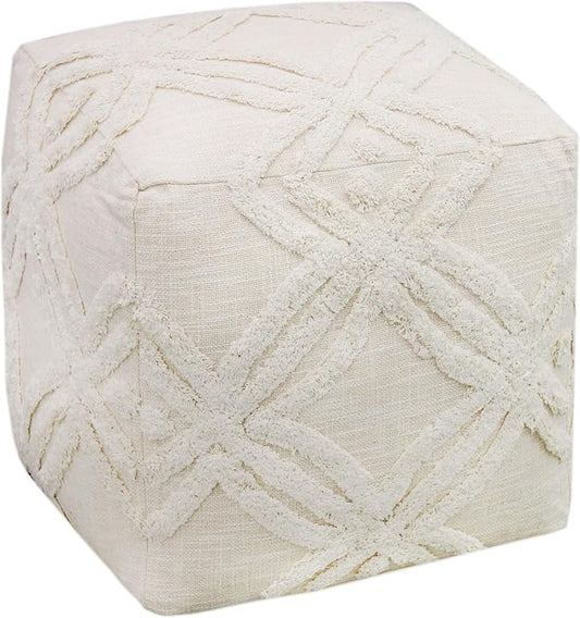 COTTON CRAFT Hand Tufted Pouf - Bedroom Dorm Home Accent - Foot Stool - Ottoman - Bean Bag - Versatile Modern Comfortable Prefilled Woven Cotton Square Pouf Footrest - 16x16x16 inches - Ivory