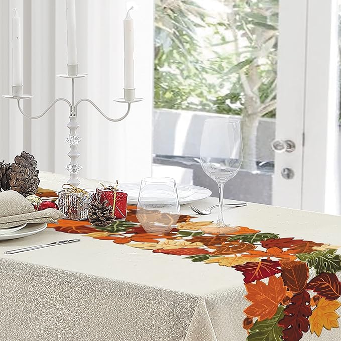 OWENIE Fall Table Runner, Thanksgiving Table Runner Extra Long 144 Inches ,Embroidered Harvest Leaves Home Decor for Autumn Season Outdoor Table Holiday Decorations, 13 x 144 inches Dresser Scarf