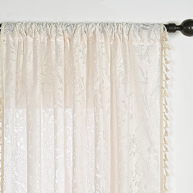 JOOJA Boho Lace Curtains 84 Inch Length 2 Panels Beige Sheer Floral Leaf with Tassels, Semi Blackout Privacy Curtains for Bedroom & Living Room Beige 52"x84"