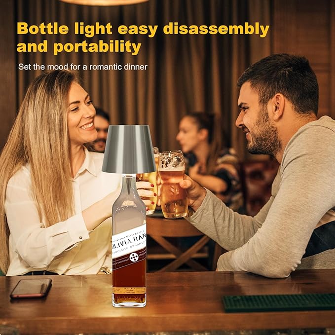 Wireless Bottle Lamp, 2025 New 3 Color Rechargeable Wine Bottle Lights for Bars Restaurants (Silver, 1PC)