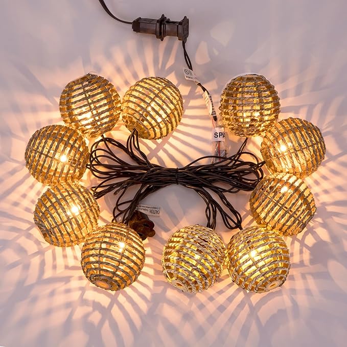 Decorative Outdoor Patio String Lights, Seagrass Rattan Wire Ball Style Lantern String Lights, Connectable Weatherproof Indoor Outdoor Globe Boho String Light for Home Pergola Garden Party Backyard