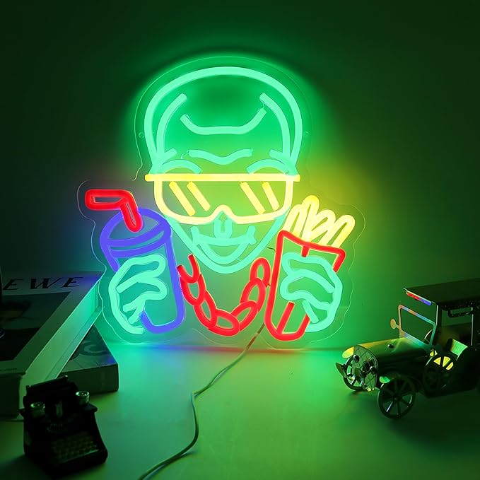 Cool Alien Neon Sign French Fries Neon Light Glasses Alien LED Neon Sign for Movie Room Decor LED Light Up Sign for Cinema Decor Man Cave Wall Art 12.6 * 12.6IN