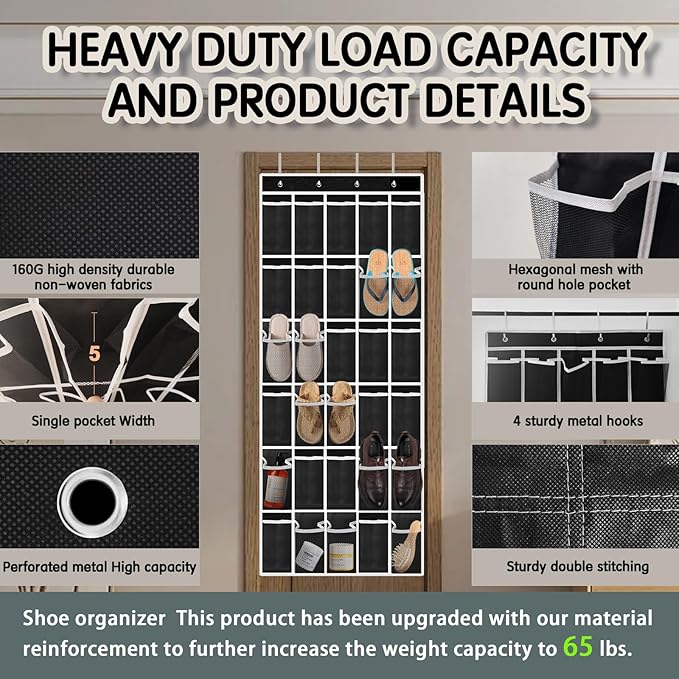 Over the Door Shoe Organizer with 30 Breathable Mesh Pockets - Large Capacity Closet Storage for Men & Women, Hanging Shoe Rack Organizer -Black