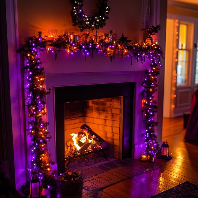 Dazzle Bright Halloween String Lights, 600 LED 196 FT Waterproof Green Wire String Lights with 8 Lighting Modes, Halloween Decorations Outdoor for Party Yard Garden Decor, Purple and Orange
