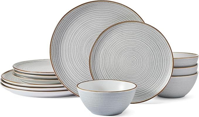Pfaltzgraff Rowan Gray 12 Piece Plate Bowl Dinnerware Set, Service for 4