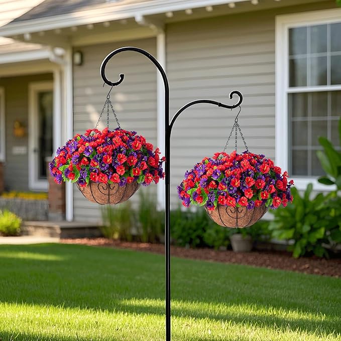 Artificial Hanging Flowers in 12 inch Basket, Faux Silk Petunias Flower Arrangement,Coconut Lining with Morning Glories Fake Plants Patio Garden Porch Deck Spring Summer Decor(Purple and Red)