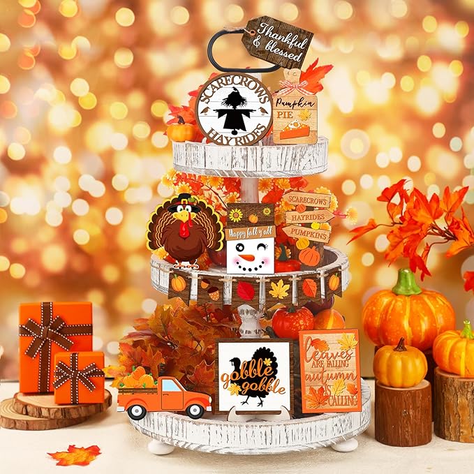 15 Pcs Fall Tiered Tray Decor Set Thanksgiving Fall Pumpkin Home Decorations Rustic Farmhouse Pumpkin Truck Wooden Sign Spice Blocks Autumn Wooden Sign for Festival Gift Tabletop