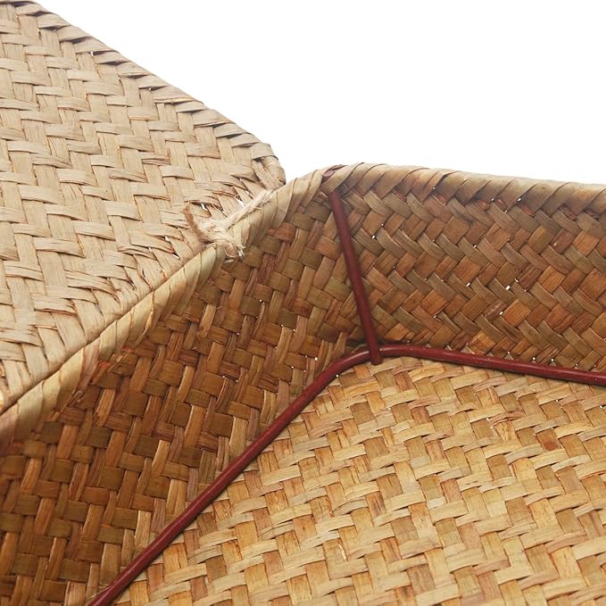 Seagrass Storage Baskets with Lid, Flat Wicker Basket, Rattan Storage Bins, Shallow Woven Basket for Shlef, Decorative Storage Boxes for Organizing