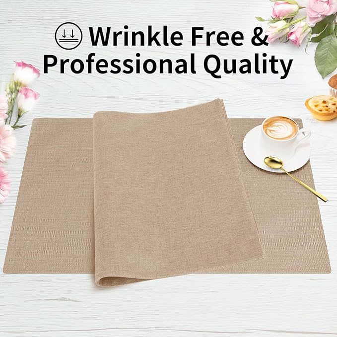Cloth Placemats, Set of 4 Heat-Resistant Cotton Linen Blend Double Layered Machine Washable Place Mats, Wrinkle Free Thick Fabric Dining Table Mats for Indoors & Outdoors (Light Linen, 4)