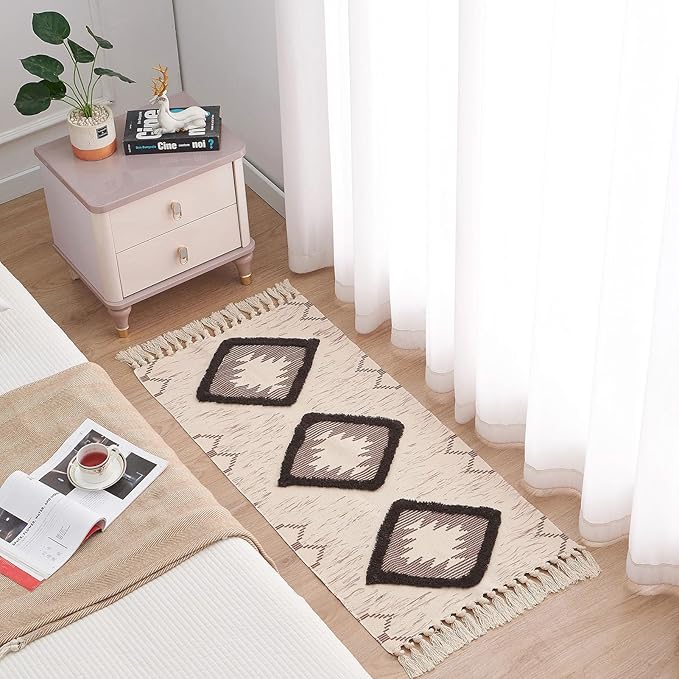 Boho Runner Rug 2'x4.3', Washable Hallway Rug Runner Non Slip Rubber Backed, Kitchen Farmhouse Area Rug Floor Mat with Tassels, Tufted Woven Cotton Entryway Carpet, Brown
