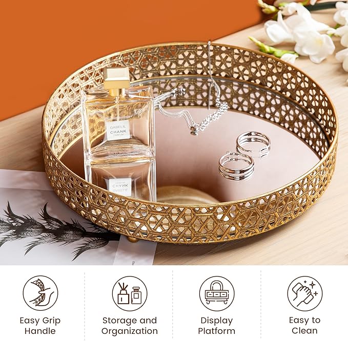 Glitzhome Set of 2 Oversized Round Gold Mirror Decorative Trays, Metal Vanity Jewelry Tray Perfume Dresser Tray, Elegant Hollow-Carved Jewelry Organizer Makeup Trays