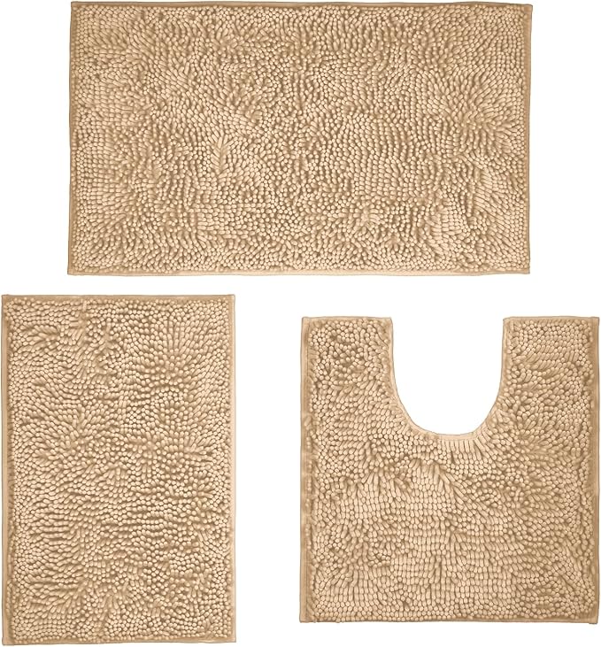Bathroom Rugs Sets 3 Piece Washable, Luxury ,Chenille Bath Mat Set, Soft Plush Anti-Slip Rectangular Bath, Rug Super Absorbent.3 Pieces Bathroom (Camel, 32"x20"+24"x16"+U Shape 20"x20")