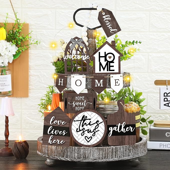 Set of 11 Summer Farmhouse Tiered Tray Decor Rustic Home Tiered Tray Decorations Set Wooden Signs Home This is Us Farmhouse Tabletop Wood Signs for Kitchen Table Shelf Decor