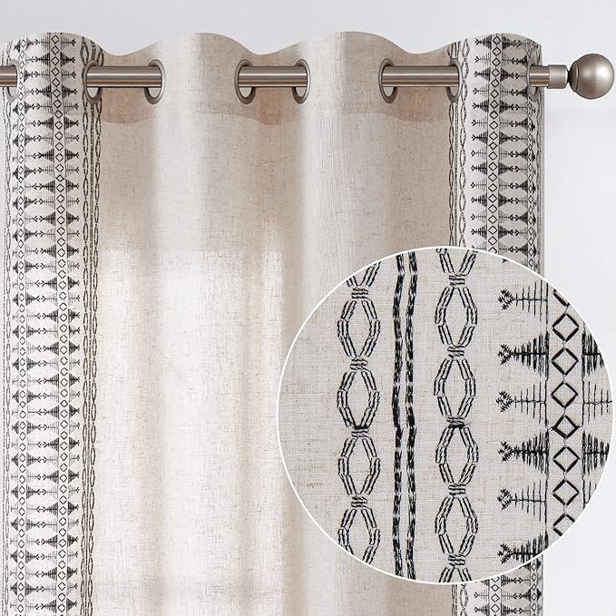 Lazzzy Black Boho Curtains for Bedroom Living Room Embroidered Window Curtains 96 Inch Length Light Filtering Drapes Grommet Window Treatment 2 Panels Black on Beige