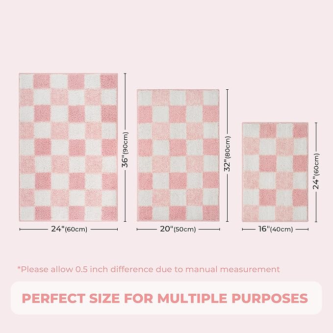 GRANNY SAYS Checkered Pink Bathroom Rugs, 36" x 24", Fluffy Rug, Absorbent Microfiber Ultra Soft Bath Mat Washable, Non-Slip Bath Mats for Bathroom, Cute Floor Mat for Tub, Shower, Bedroom