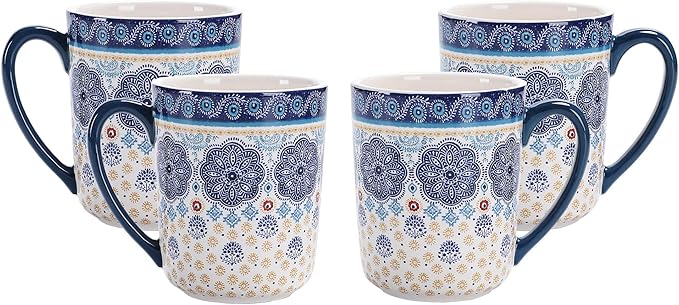 Bico Blue Talavera Ceramic Mugs, Set of 4, for Coffee, Tea, Drinks, Microwave & Dishwasher Safe