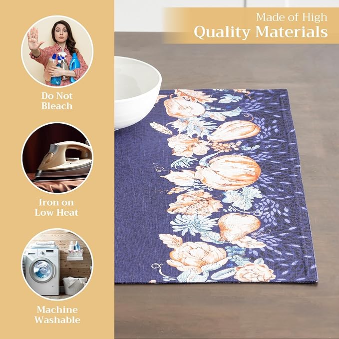Maison d' Hermine Placemats Set of 4 100% Cotton Washable Cloth Place Mats, Reusable Table Mats for Kitchen Dining Decoration, Party, Wedding, Restaurant (Pumpkin Blues, 13" x 19")
