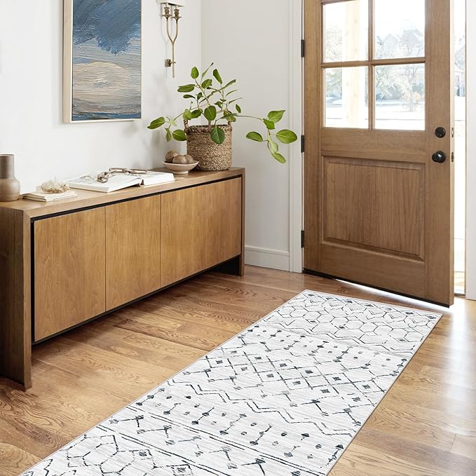 Runner Rug 2'6''x8' Hallway Runner, Farmhouse Boho Washable Soft Neutral Area Rug, Non-Slip Distressed for Kitchen Entryway Laundry Bedroom Indoor, White/Dark Grey