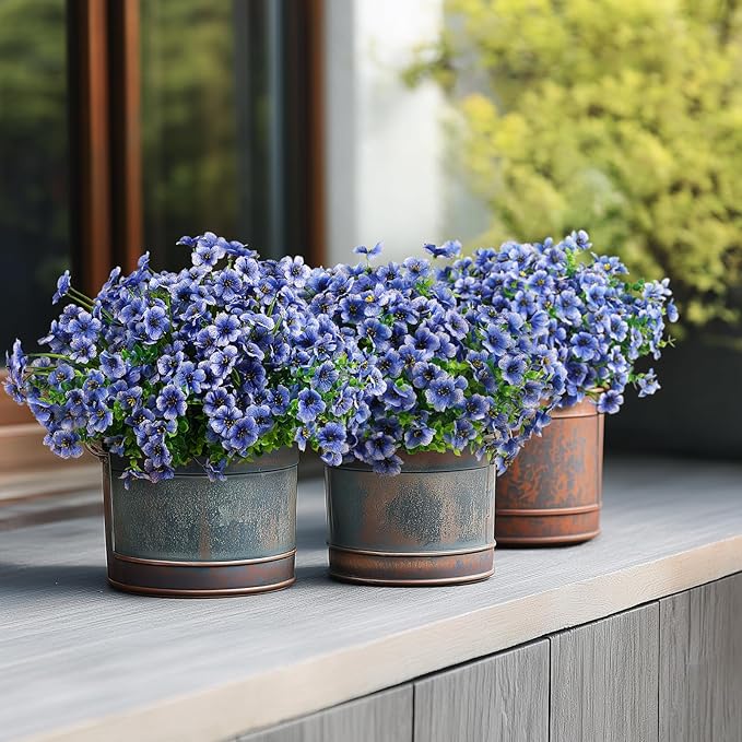 24 Bundles Artificial Flowers for Outdoors Decoration, UV Resistant Silk Violet Faux Colorful Daisy Eucalyptus Spring Fake Plants for Outside Indoor Yard Home Patio Porch Decor, Blue