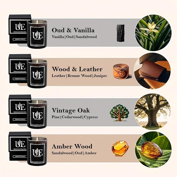 4 Pack Scented Aromatherapy Candles Gifts Set - 32 oz 220 Hour Long Lasting Candles for Home Scented - Amber Wood/Oud Vanilla/Wood Leather/Vintage Oak