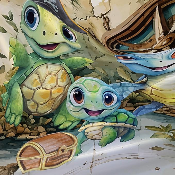 AILONEN Cartoon Sea Turtle Shower Curtain,Kawaii Turtle Bathroom Curtains for Kids,Girls,Nautical Compass Anchor Shower Curtains Set with Hooks for Bathroom,60" W*72" H