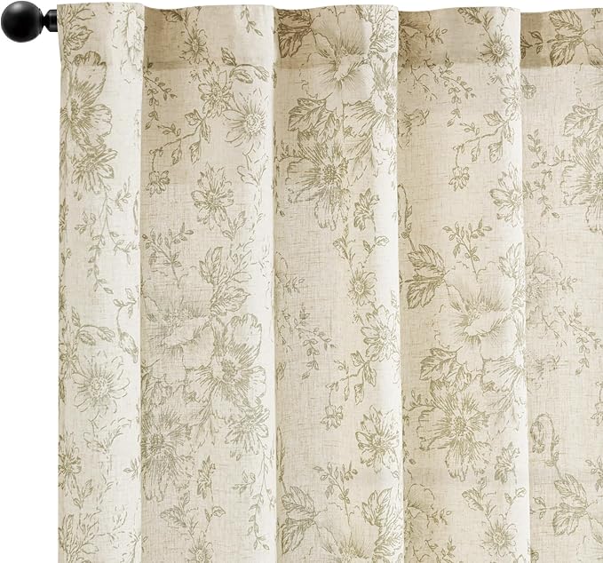 jinchan Linen Blend Curtain Floral Curtains for Living Room 90 Inch Length Sage Green Printed Curtain Rod Pocket Back Tab Farmhouse Peony Flower Patterned Drapes Bedroom Window Curtains Set 2 Panels
