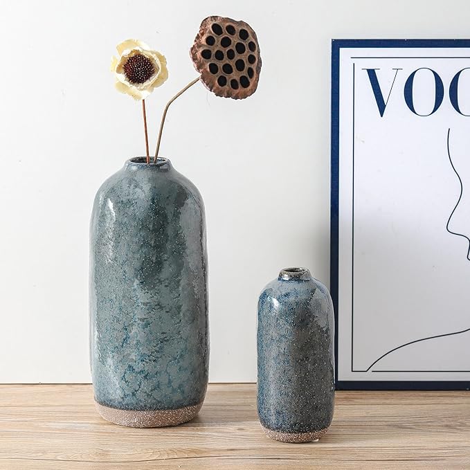 Flower Vase,Grey Blue Ceramic Vases Set of 2,Flower Vase for Home Decor,Decorative Vase for Pampas Grass, Boho Decorative Vase for Home Living Room Dining Table Farmhouse Office Decor