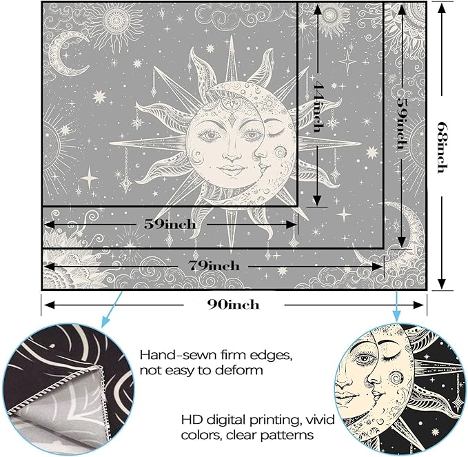 Lunerfex Sun and Moon Tapestry Mandala Wall Tapestry, Vintage Tapestries for Bedroom Ceiling Tapestries Wall Hanging for Bedroom Living Room Wall Decor Sun-2 60"x80"