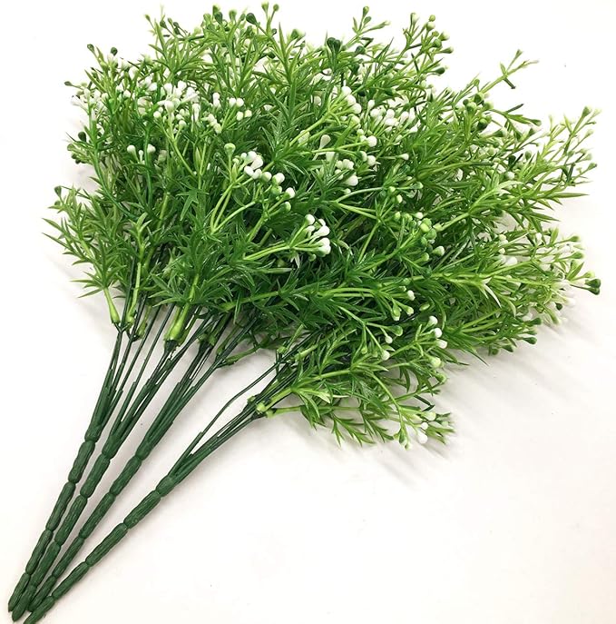 CATTREE Artificial Plants, Faux Plastic Pearl Flowers Shrubs Fake Grass Leaves Simulation Greenery Bushes Indoor Outside Home Garden Office Yard Verandah Wedding Decor - 4 Bundles