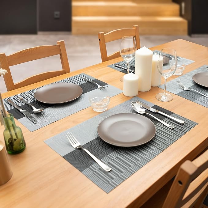 Winknowl Placemats, Set of 8 Heat Resistant Stain Resistant Non-Slip Woven Vinyl Insulation Placemats, Washable Durable Elegant Table Mats for Dining (Black)