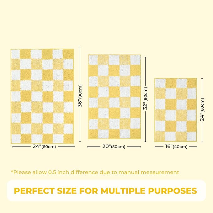 GRANNY SAYS Checkered Yellow Bathroom Rugs, 32" x 20", Non-Slip Bath Mats for Bathroom, Plush Shag Absorbent Microfiber Ultra Soft Bath Mat, Cute Washable Rug for Tub, Shower, Bedroom