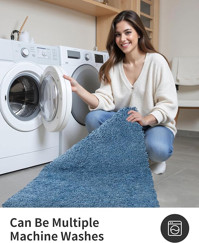 ILANGO Blue Bathroom Rugs 24" × 17" Small Non Slip & Super Absorbent Extra Thick Soft, Washable Bath Mat for Floor, Microfiber Plush Shaggy Bath Rug with Rubber for Bathtub Shower Room Sink