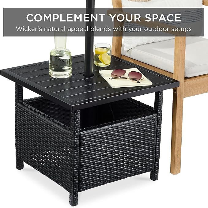Best Choice Products Wicker Side Table with Umbrella Hole, Square PE Rattan Outdoor End Table for Patio, Garden, Poolside, Deck w/UV-Resistant Frame, Storage Space - Black