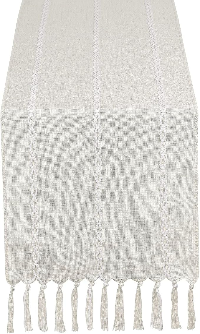 Chassic Rustic Farmhouse Style Linen Table Runner, Boho Handmade Fringe Braided Stripe Table Runners 108 Inches Long for Holiday Party, Wedding and Dining Decorations, 13 x 108 inch - Ivory