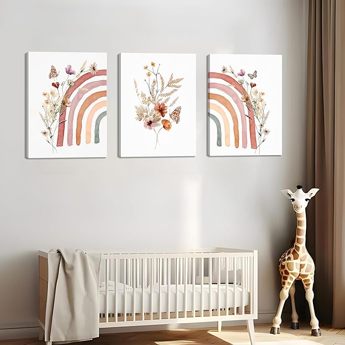 AKWISH Boho Wall Decor Set of 3, Rainbow Canvas Wall Art Paintings Prints, Cute Boho Wildflowers Posters Nursery Wall Decor for Kids Room Baby Room Classroom Bedroom Decor 12x16 inch Framed